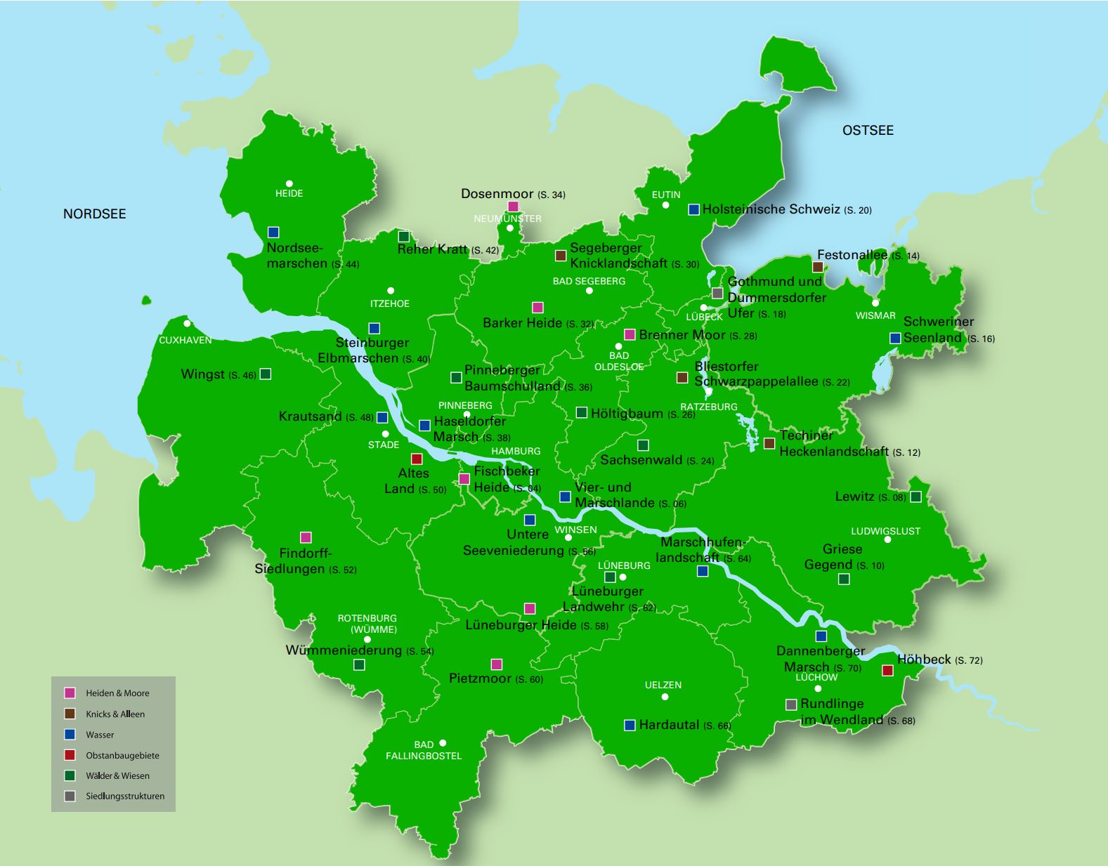 Karte der Metropolregion Hamburg, auf der Kulturlandschaften eingezeichnet sind.