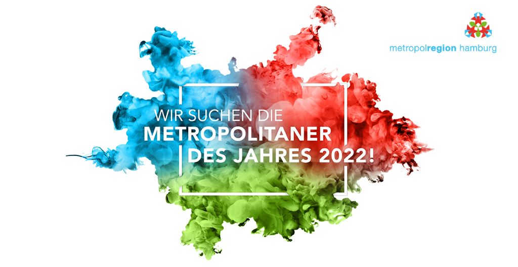 Auf dem Key Visual ist eine Karte der Metropolregion in bunten Farben dargestellt. Darauf steht: Wir suchen die Metropolitaner des Jahres 2022.