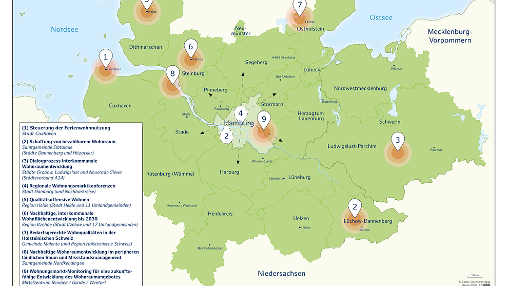 Karte der Metropolregion Hamburg, auf der die Teilprojekte des Leitprojektes Wohnen verortet sind