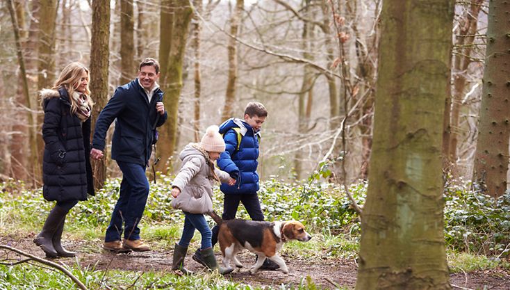 Eine Familie mit Hund mach einen Waldspaziergang