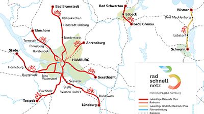  Übersichtskarte Radschnellnetz: 9 Radschnellwege in der Metropolregion Hamburg
