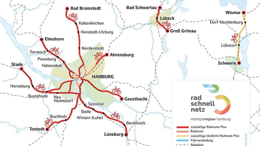 Übersichtskarte Radschnellnetz: 9 Radschnellwege in der Metropolregion Hamburg
